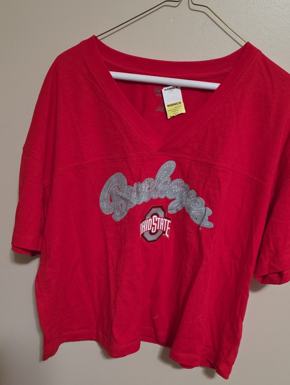 Ohio State Red V-Neck Crop Top with Script Graphic
